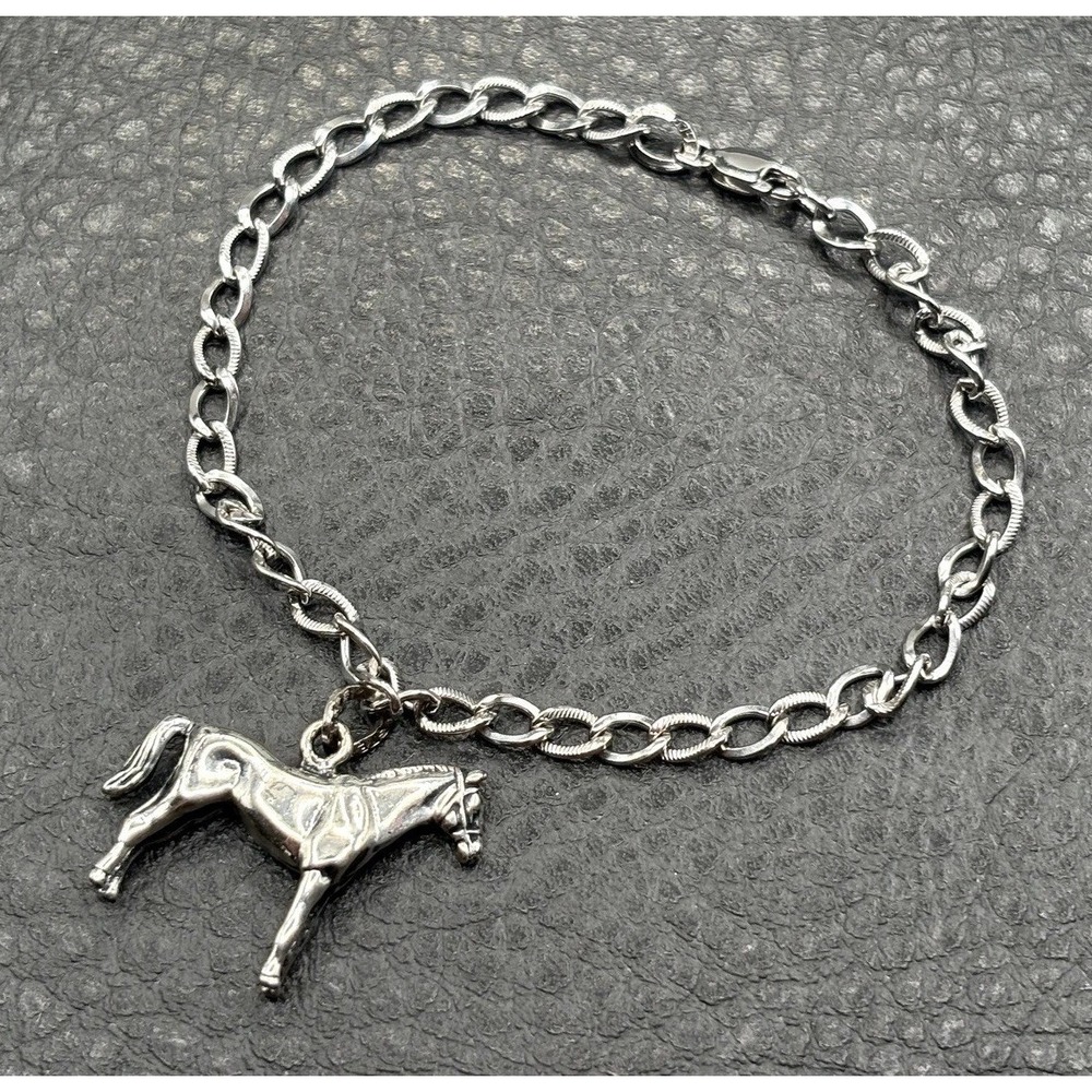 Vintage BEAU Sterling Silver 925 Horse Equestrian Charm Bracelet Link Chain 7"